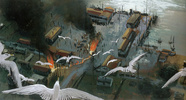 The Birds (1963) - sketch - Early conceptual painting by Albert Whitlock of the attack on the town in ''The Birds''.